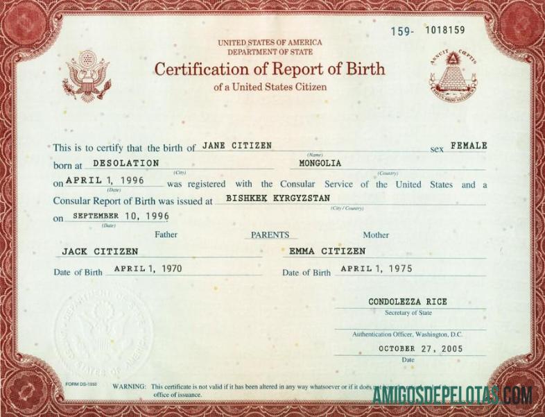 Certificação de relatório de nascimento nos EUA Washington 1 exemplo real